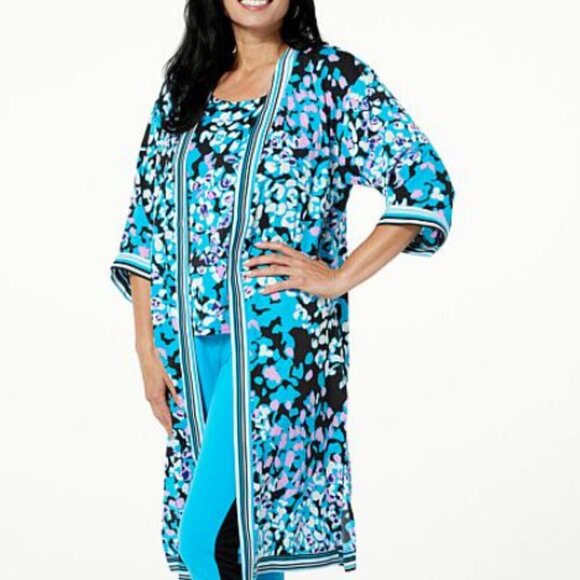 C. Wonder Tops - C Wonder Pink Orange FLoral Prined Duster Medium